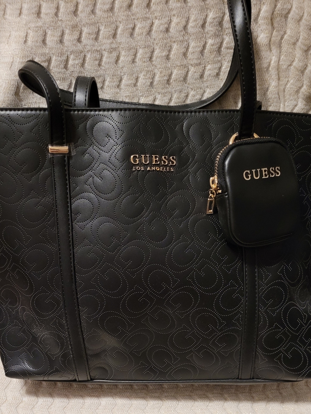 GUESS Black Quilted Logo Tote with Detachable Pouch